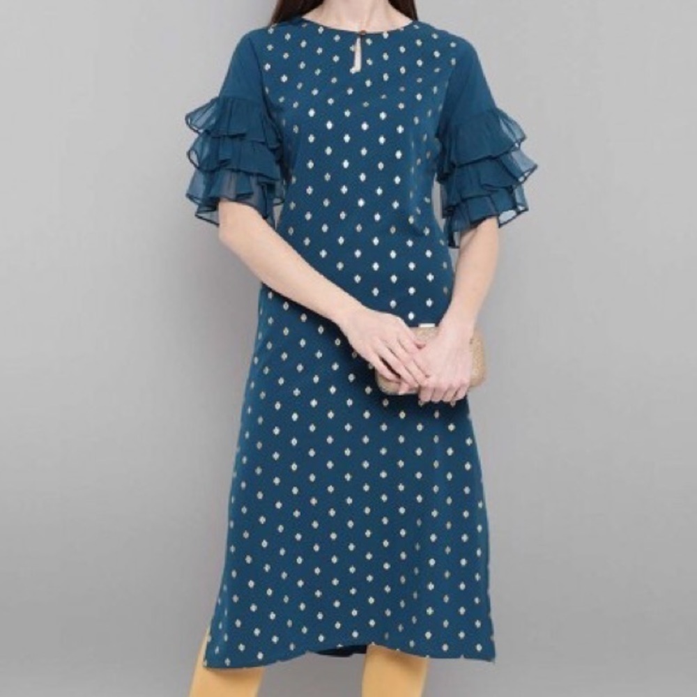 TEAL Kurta with gold design Janasya size medium ruffle sleeves